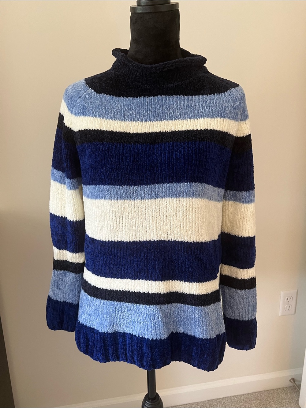 Basic Editions Navy, Cobalt, Light Blue & White Striped Turtleneck Sweater